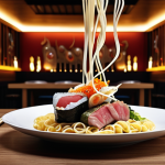 A visually stunning and harmonious composition showcasing the deep connection between food and music. A gourmet meal (e.g., a vibrant pasta dish, delicate sushi, or a perfectly seared steak) is beautifully presented on a table. Above and around the food, ethereal musical notes, swirling sound waves, and soft, glowing light patterns intertwine, visually representing how auditory stimuli enhance flavor perception. The scene is rich in texture and color, emphasizing sensory delight and cross-modal interaction. Photorealistic, high detail, inviting atmosphere.