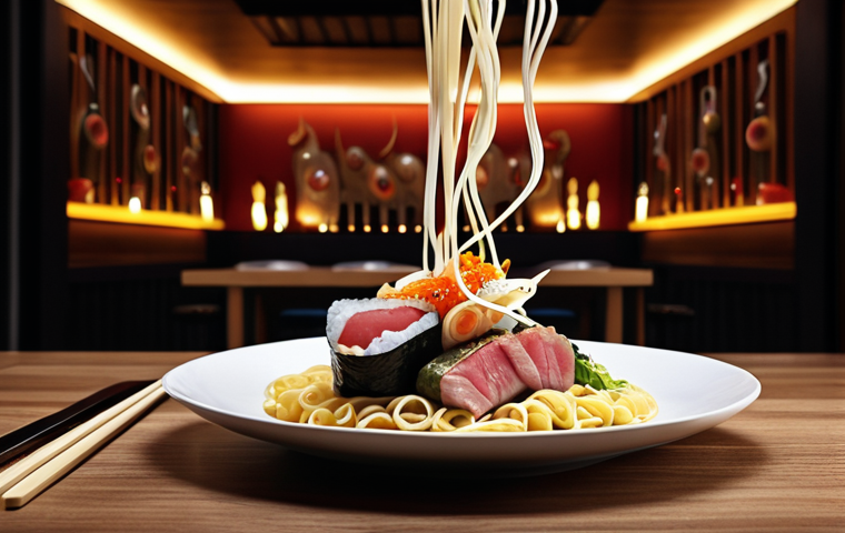 A visually stunning and harmonious composition showcasing the deep connection between food and music. A gourmet meal (e.g., a vibrant pasta dish, delicate sushi, or a perfectly seared steak) is beautifully presented on a table. Above and around the food, ethereal musical notes, swirling sound waves, and soft, glowing light patterns intertwine, visually representing how auditory stimuli enhance flavor perception. The scene is rich in texture and color, emphasizing sensory delight and cross-modal interaction. Photorealistic, high detail, inviting atmosphere.