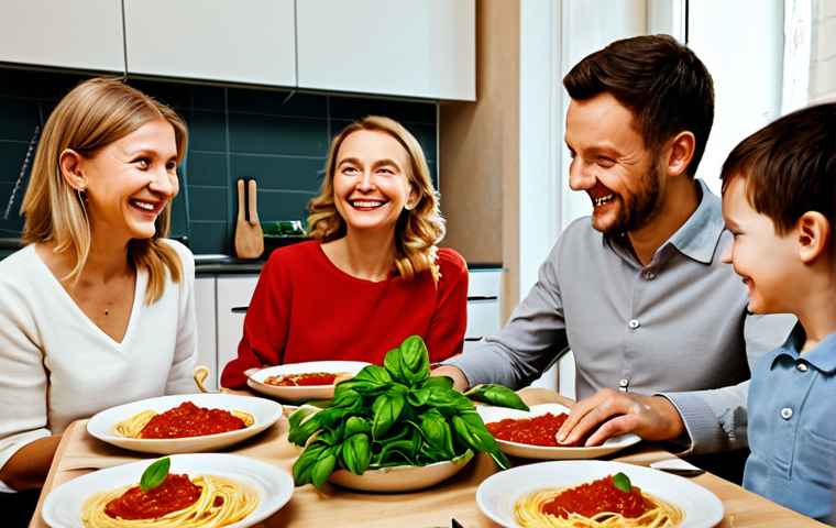 유기농 파스타 브랜드 비교 - Family Dinner with Organic Pasta**
A family gathered around a dining table in a cozy, modern Russia...