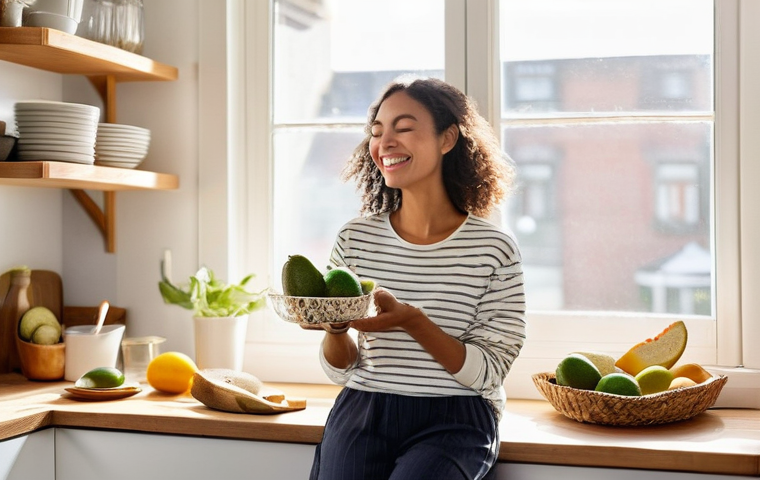 양식과 관련된 건강 상식 - **Mindful Morning Ritual with Healthy Food:**
    A serene, brightly lit kitchen in a modern, cozy a...