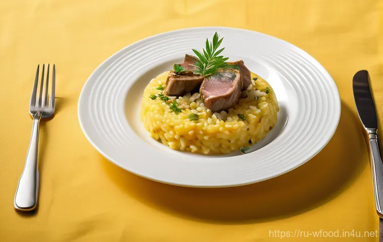 리조또 전문점 추천 - A perfectly plated, creamy, golden saffron risotto with tender, slow-cooked lamb pieces, garnished w...