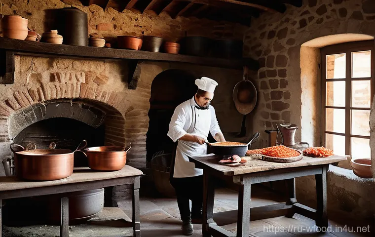 볼로냐 소스의 유래 - **"A rustic 18th-century Italian kitchen scene, with a focused chef in traditional period attire met...