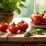 토마토소스 파스타 추천 - A vibrant and inviting rustic kitchen counter scene, illuminated by warm, natural sunlight filtering...