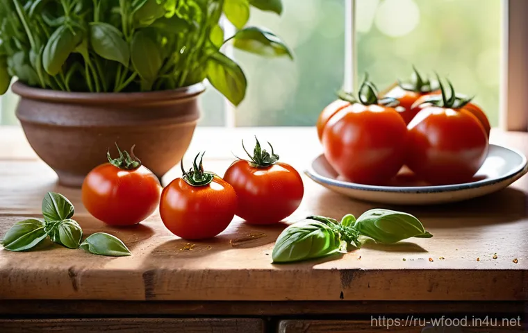 토마토소스 파스타 추천 - A vibrant and inviting rustic kitchen counter scene, illuminated by warm, natural sunlight filtering...