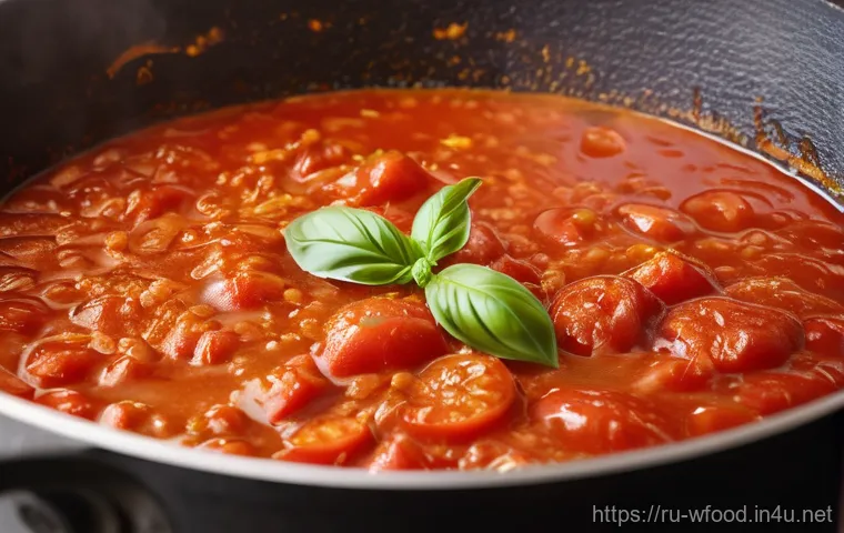 토마토소스 파스타 추천 - A vibrant and inviting rustic kitchen counter scene, illuminated by warm, natural sunlight filtering...