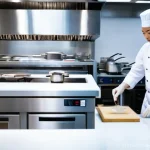 양식 요리의 경제학 - A wide shot of a state-of-the-art professional kitchen at the peak of service. Gleaming stainless st...
