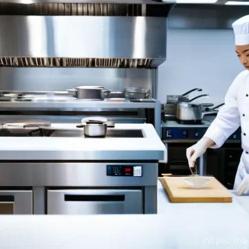 양식 요리의 경제학 - A wide shot of a state-of-the-art professional kitchen at the peak of service. Gleaming stainless st...