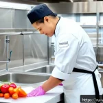 Home 18 양식 조리법과 HACCP 기준 - A clean and organized professional kitchen scene featuring a chef wearing a white uniform and apron,...