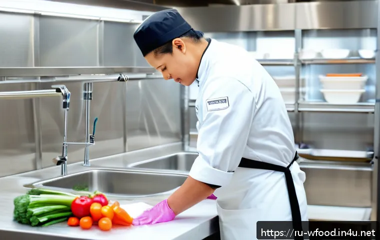 양식 조리법과 HACCP 기준 - A clean and organized professional kitchen scene featuring a chef wearing a white uniform and apron,...
