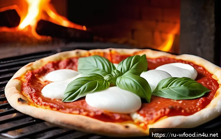 정통 나폴리 피자와 뉴욕 피자의 차이 - A close-up of a traditional Neapolitan pizza being baked in a rustic wood-fired oven at approximatel...