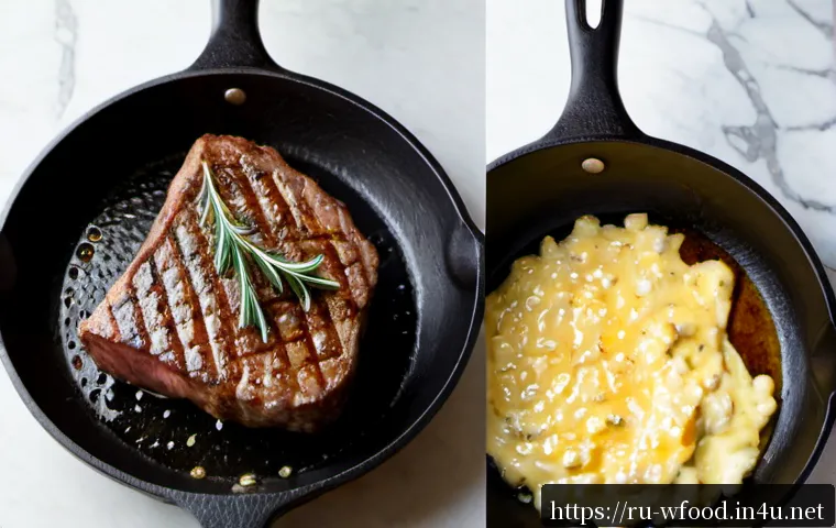 Home 17 스테이크 굽는 온도와 방법 - Photorealistic overhead close-up of a thick beef steak searing in a heavy cast-iron skillet, golden ...